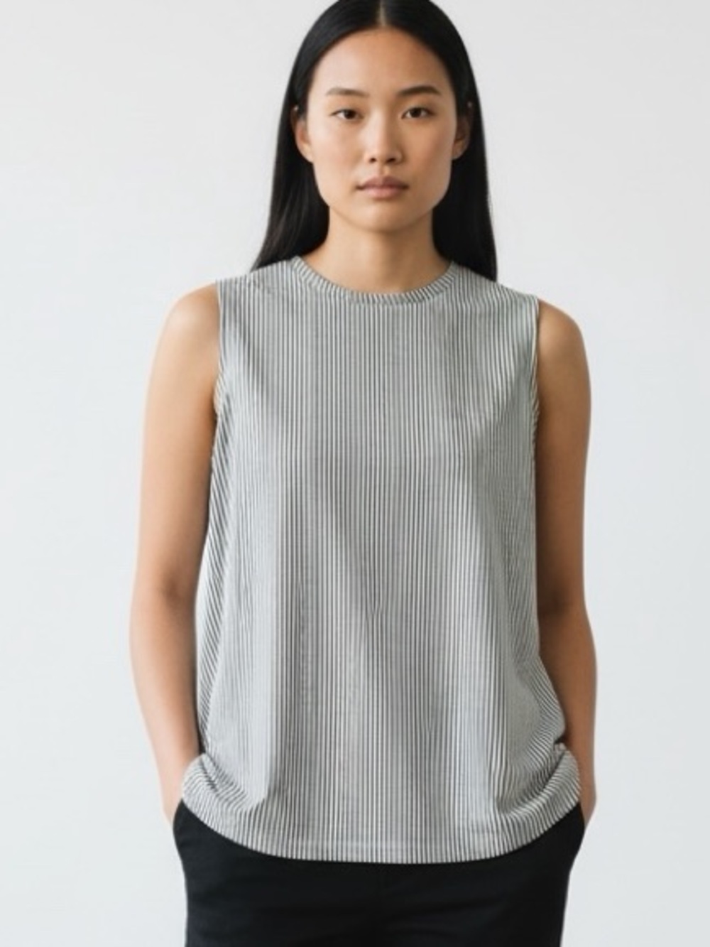 Athleta Zephyr Refined City Stripe Black Sea Salt Split Hem Tunic Top - Medium
